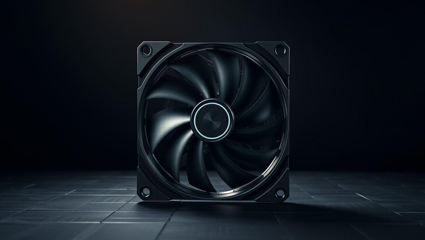 Black square-frame computer case fan shown against a dark background