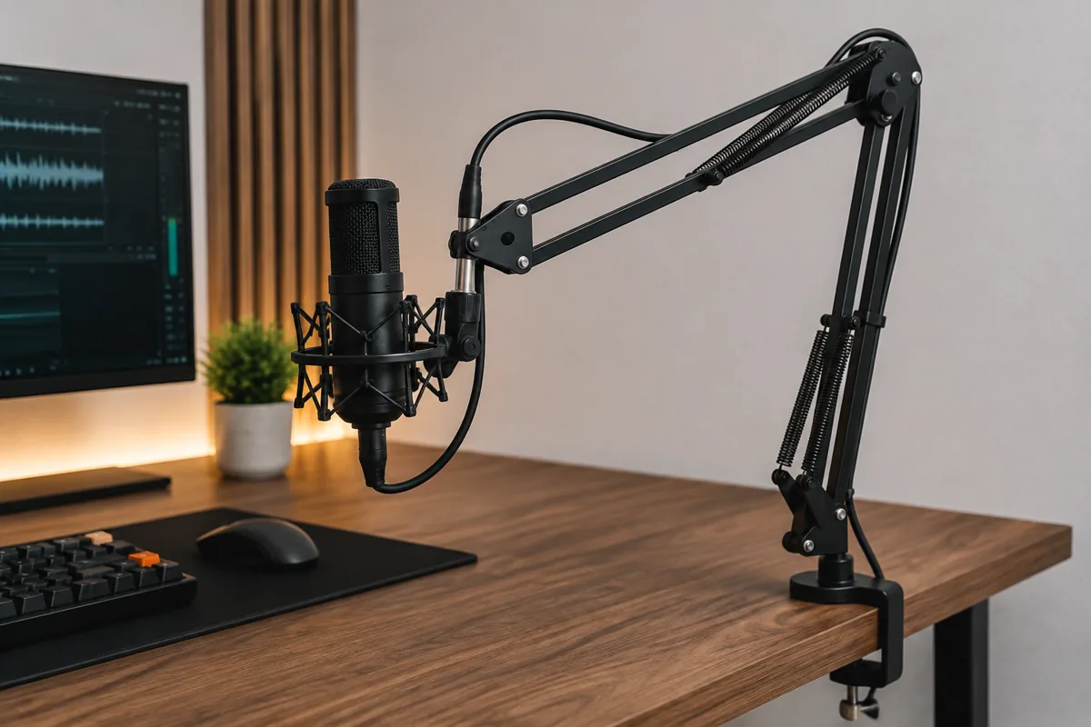 Desk-clamped microphone scissor arm with a studio microphone and neatly routed cable