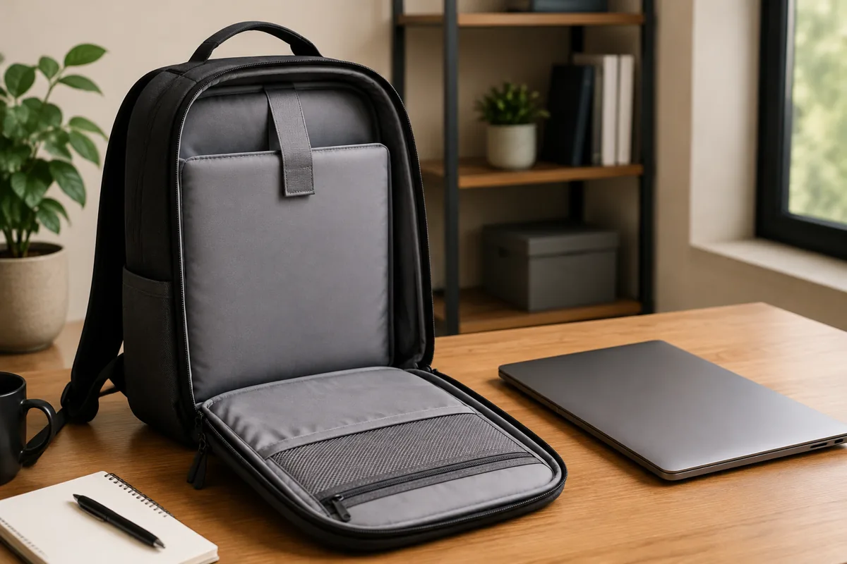 Laptop travel backpack open to show its padded computer compartment and zippered storage